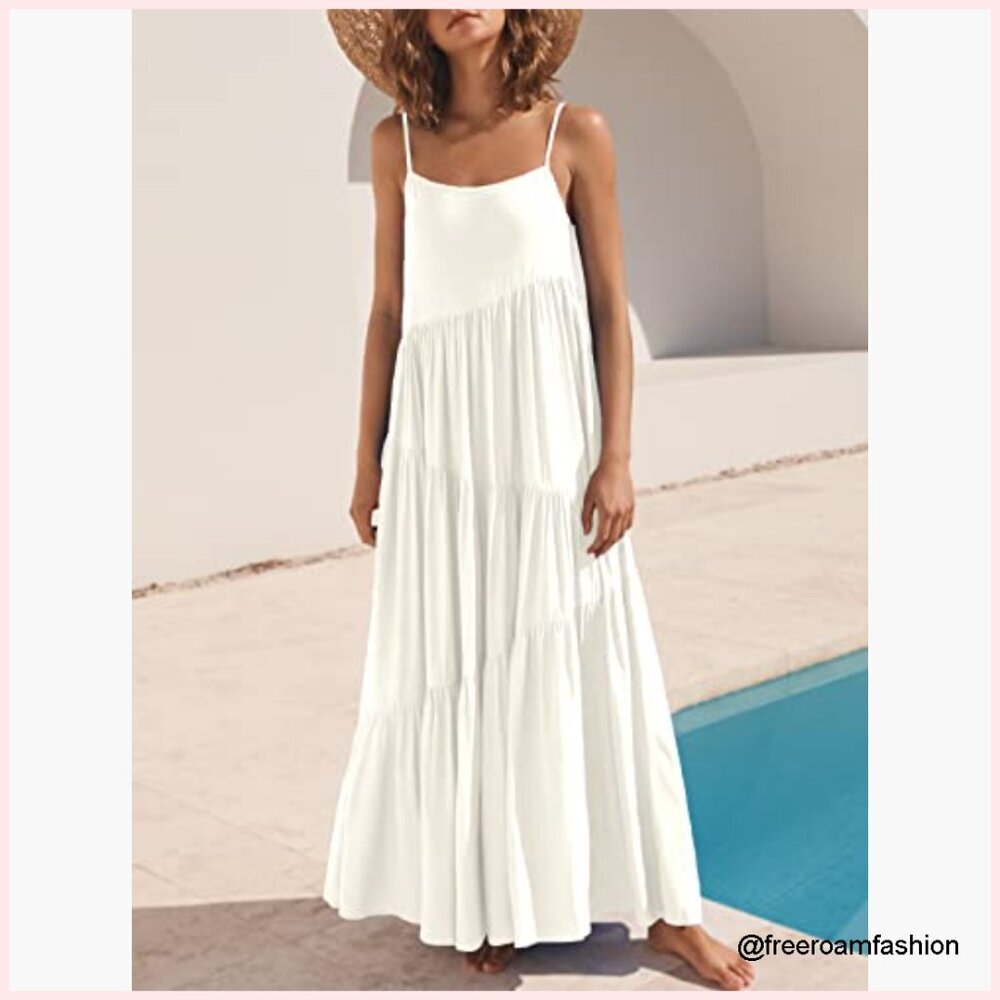Loose Fit Maxi Dress with Adjustable Straps, Flowy Swing Hem, V-Neck - Picture 2 of 7